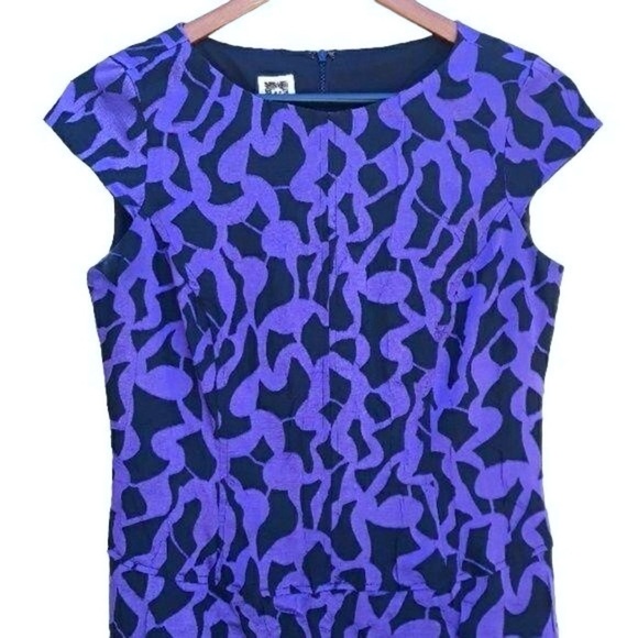 ANNE KLEIN • Women’s Black & Blue Cap Sleeve Belted Printed Swing Dress - Picture 5 of 7